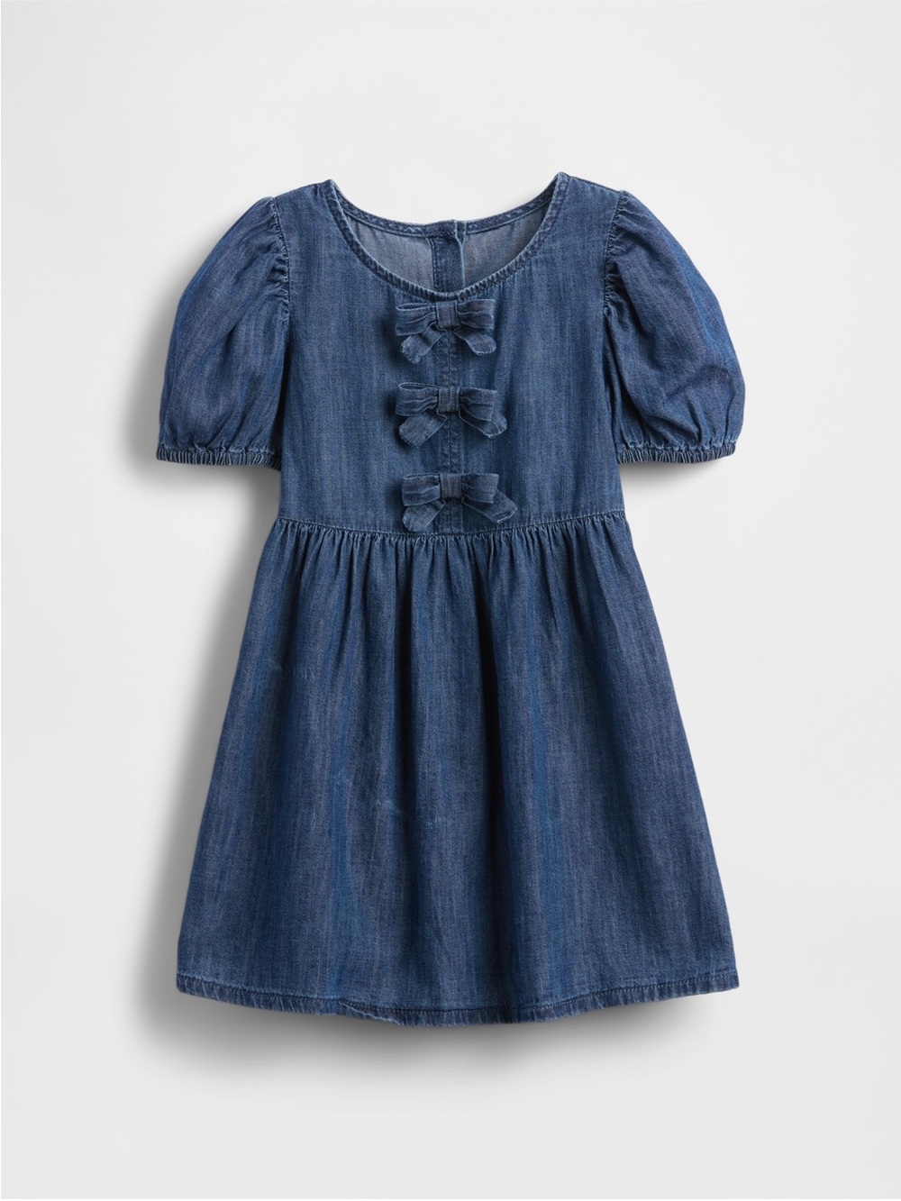 GAP Girls' Denim Puff Sleeve Bow Dress